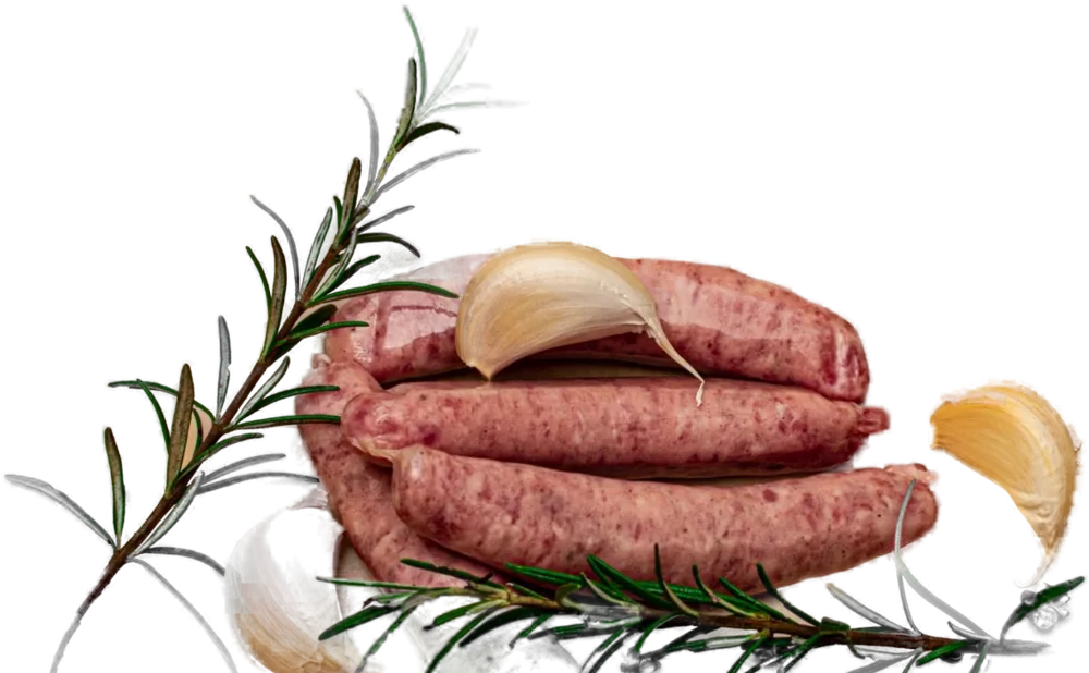 Raw butcher sausages with rosemary and garlic
